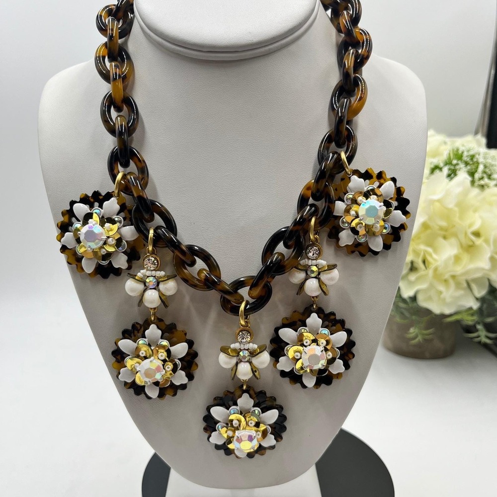 J. Crew TortoiseShell White Medallion Floral Cluster Pearl Statement Necklace